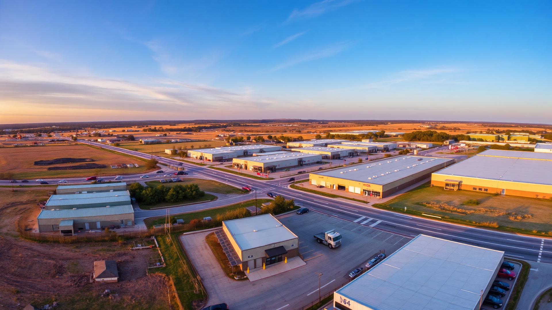 Aerial view of a Texas commercial district at dusk